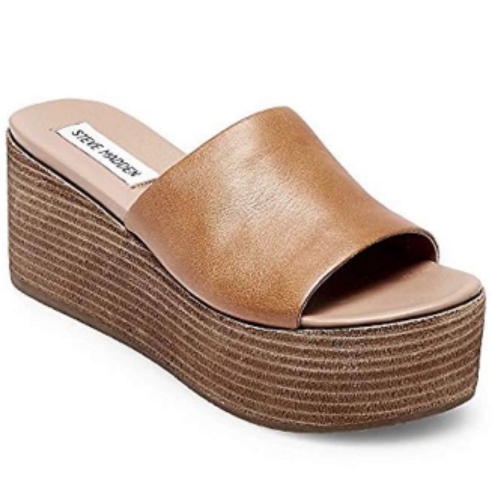 Steve Madden Heated Cognac Leather Wedge Sandals
